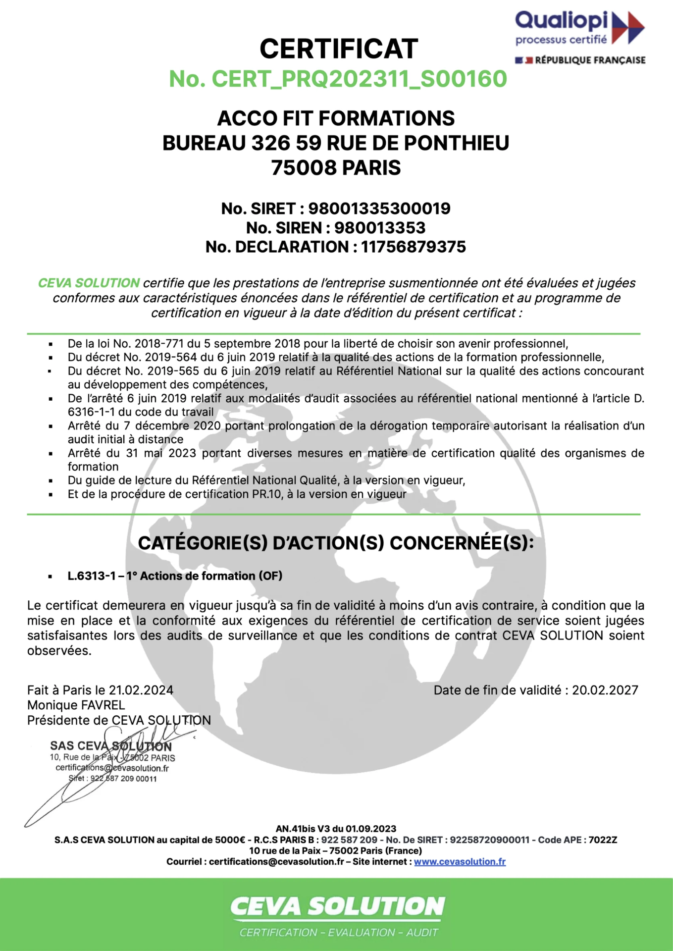 Certificat Qualiopi — Acco Fit Formations